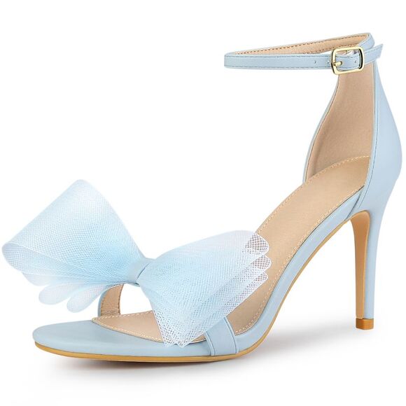 Perphy Shoes - Open Toe High Heels Ankle Strap Bow Tie Light Blue Stiletto Heel Sandals